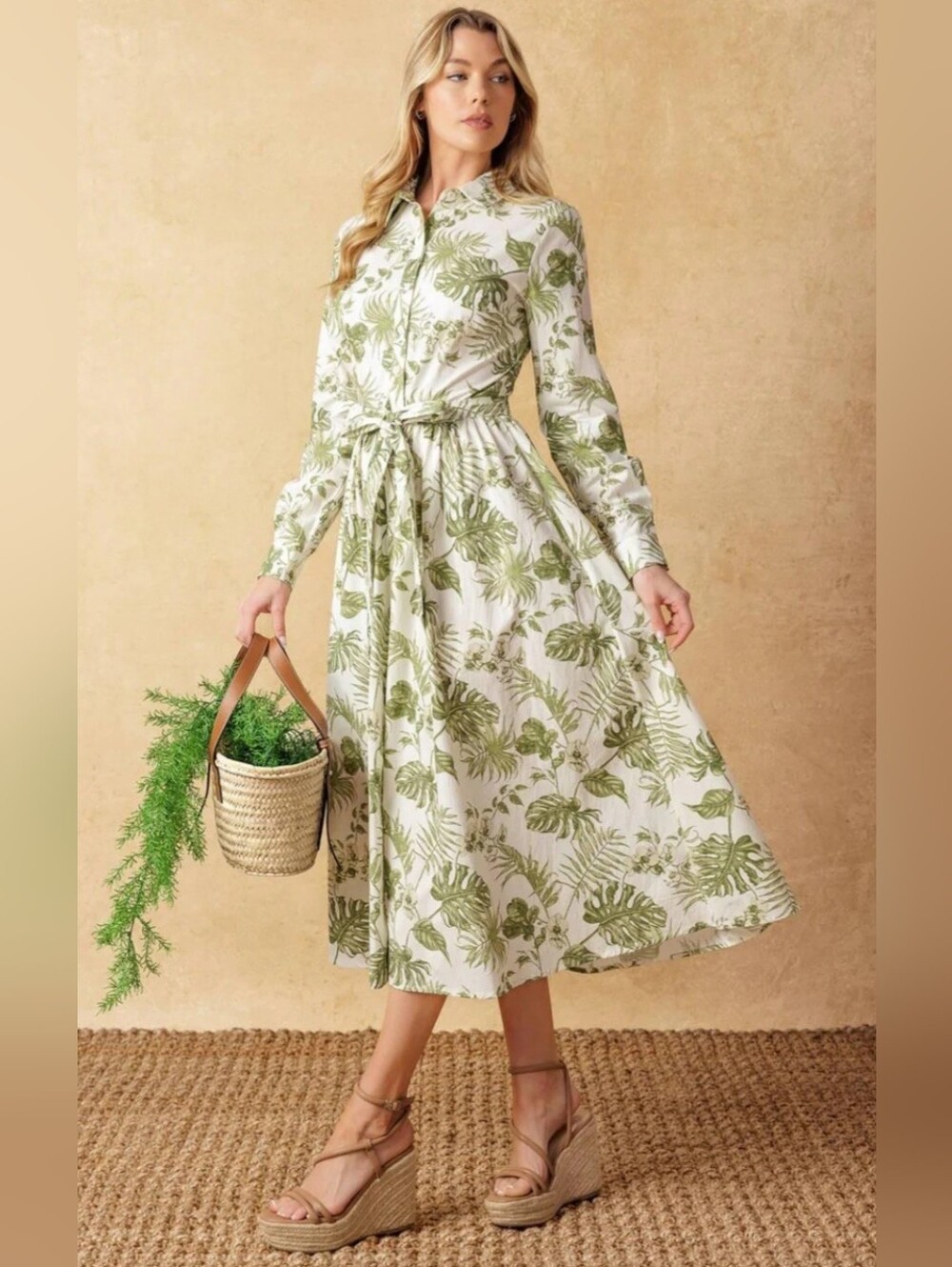 Green Leaf-Print Long Sleeve Midi Dress